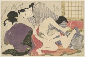 Geisha och älskare vid fristående rumsavdelare Negai no itoguchi (serietitel) av Kitagawa Utamaro