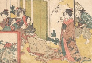 Girls Entertained by Performers, från den illustrerade boken Flowers of the Four Seasons, 1801. av Kitagawa Utamaro