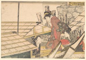 Flickor som stiger ombord på en båt, ur den illustrerade boken De fyra årstidernas blommor av Kitagawa Utamaro