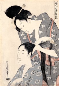 Frisör (Kamiyui) från serien "Tolv typer av damhantverk (Fujin tewaza juniko)" av Kitagawa Utamaro