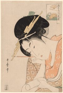 Hanaogi of the Ogiya, från serien "Renowned Beauties Likened to the Six Immortal Poets (Komei bijin rokkasen)" av Kitagawa Utamaro