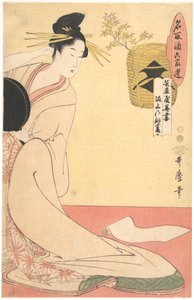 ”Hanazuma från Hyōgoya, Kenbishi från Sakagami” ur serien ”Sakéns jämlikar liknade vid utvalda invånare från sex hus” (Natori zake rokkasen: Hyōgoya Hanazuma, Sakagami no Kenbishi) av Kitagawa Utamaro