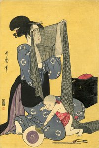Hari-shigoto handarbete. Triptyk, vänstra delen, 1795. av Kitagawa Utamaro