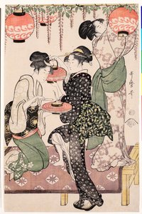Unga flickor från ett japanskt tehus som hänger lyktor från en blåregn - Tryck av Kitagawa Utamaro (1753-1806), ca 1795, linosnitt - Teahouse girls under a wisteria espalier - Färg linosnitt av Kitagawa Utamaro (1753-1806) , ca1 av Kitagawa Utamaro