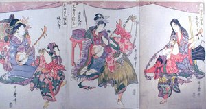 Kintaro, Urashimataro och Momotaro, från triptyken "Uppsättning av tre sakebägare för den första månaden (Tarozuki mitsugumi sakazuki)" av Kitagawa Utamaro