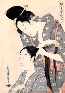 ""La Coiffeuse"" (frisör) (Kamiyui) Gravure de Kitagawa Utamaro (1753-1806) - c 1798 - Färgträsnitt - 38x27,6 - Art Gallery of South Australia av Kitagawa Utamaro