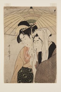 Man och kvinna under ett paraply (träblock i färg) av Kitagawa Utamaro