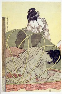 Mother Nursing Baby under Myggnät par Utamaro, Kitagawa (1753-1806), ca. 1795 - Färgträsnitt, 37,6x24,6 - Privat samling av Kitagawa Utamaro
