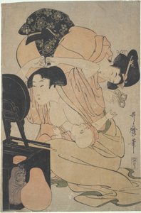 Mor med ammande baby och följeslagare av Kitagawa Utamaro