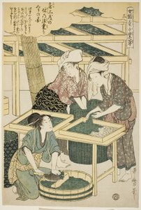Nr 3 (san), från serien "Women Engaged in the Sericulture Industry (Joshoku kaiko tewaza-gusa)" av Kitagawa Utamaro