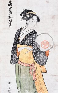 Ohisa från Takashima tehus, kvinna i kimono med fläkt, ukiyo-e konsttryck av Kitagawa Utamaro (1753-1806), träsnitt, japansk civilisation, Edo-period av Kitagawa Utamaro