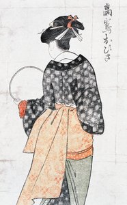 Ohisa från Takashima Teahouse, Woman Inkimono With Fan, Ukiyoe Art Print av Kitagawa Utamaro (1753-1806) Zachion, Ed Perio d av Kitagawa Utamaro