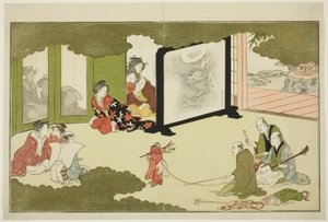 Performance of a Trained Monkey, från en illustrerad poesiantologi med titeln "The Young God Ebisu (Waka Ebisu)" av Kitagawa Utamaro