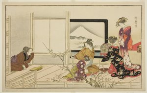 Förbereda mat åt en näktergal, från den illustrerade kyoka-antologin "Mäns stampdans (Otoko toka)" av Kitagawa Utamaro