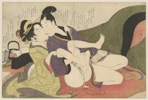 Prostituerad kysser ung man Negai no itoguchi (serietitel) av Kitagawa Utamaro