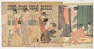 Morgonscen i ett japanskt "toleransens hus" (karitaku) - Tryck av Kitagawa Utamaro (1753-1806) av Kitagawa Utamaro