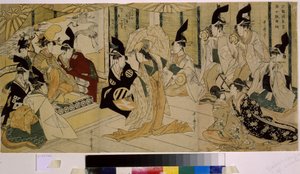 Shizuka Gozen dansar under ceremonin för Tsurugaoka Wakamiya Shrine. Shizuka Gozen (1100-talet), dansare och älskarinna till Minamoto no Yoshitsune (1159-1189). Verk av Kitagawa Utamaro (1754-1806), etsning, cirka 1796. Japansk konst av Kitagawa Utamaro