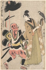 Souvenirmålningar från Ōtsu, lagerförda i Edo (Edo shi-ire Ōtsu miyage): fotsoldat med spjut och falkenerare (Yari mochi yakko to taka shō) av Kitagawa Utamaro