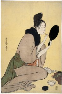 Om skönhet: kvinna som gör upp sina läppar - Bijin-ga. Flicka som sminkar sina läppar av Utamaro, Kitagawa (1753-1806), - Färgträsnitt, 37,7x25,2 - Privat samling av Kitagawa Utamaro