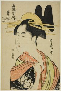Tsuruyas kurtisan Arihara och barnskötare Aoe och Sekiya (Tsuruya uchi Arihara, Aoe, Sekiya), från en namnlös serie kurtisaner av Kitagawa Utamaro