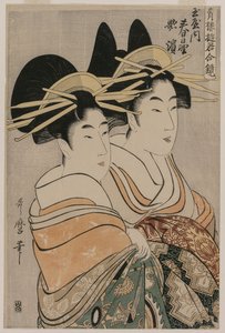 Kurtisanerna Kasugano och Utahama från Tamaya från serien Courtesans of the Pleasure Quarters in Double Mirrors av Kitagawa Utamaro