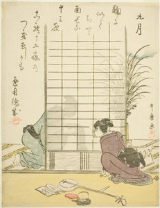 Den nionde månaden (Kugatsu), från en titellös serie genrescener under de tolv månaderna, med kyokadikter av Kitagawa Utamaro