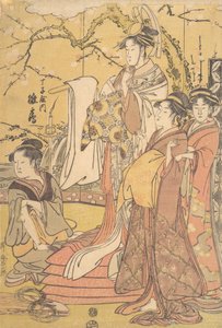 Oiran Hinazuru från Chojiya står på en hög med futon, ca. 1794. av Kitagawa Utamaro