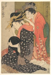 Oiran Yoso-oi sittande vid sitt toalettbord av Kitagawa Utamaro