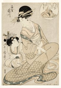 Kurtisanen Takigawa och hennes skötare från Ogiya i anspelning på poeten, 1800-02 (träkloss) av Kitagawa Utamaro