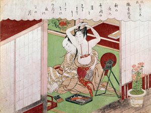 Toaletten med det eleganta japanska trycket av Utamaro Kitagawa (1753-1806). Sol. 0,38x0,25 m. 1794-1795. Paris, Guimet-museet, Nationalmuseet för asiatisk konst av Kitagawa Utamaro