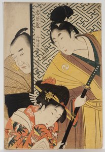 Den unga samurajen, Rikiya, med Konami och Honzo delvis gömda bakom dörren, akt II av "Chushingura" av Kitagawa Utamaro