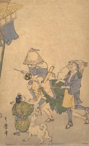 Tre revelers av de lägre klasserna, bära Komuso-hattar..., sent 1700-tidigt 1800-tal. av Kitagawa Utamaro