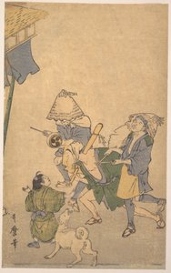 Tre festande ur de lägre klasserna, med komuso-hattar, en liten pojke och en hund av Kitagawa Utamaro