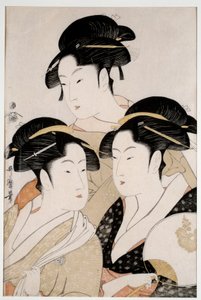 Tre vackra i vår tid. Japanskt tryck av Utamaro Kitagawa (1753 - 1806) stil Ukiyo-E, cirka 1794. Paris, Musee Guimet av Kitagawa Utamaro