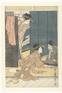 Två kurtisaner och en ung man under ett myggnät av Kitagawa Utamaro