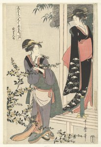 Två kvinnor vid en blommande yamabukibuske: andra akten. Nidanme (titel på objekt) Parodi på Chushingura av kända skönheter. (serietitel) Komei bijin mitate Chushingura (serietitel på objekt) av Kitagawa Utamaro