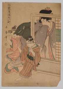 Två barn och en kvinna som spelar Blind Mans Bluff, 1753-1806. av Kitagawa Utamaro