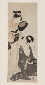 Två damer, var och en med en del av en lackad spegel (trätryck i färg) av Kitagawa Utamaro