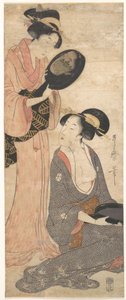 Två damer, var och en med en del av en lackerad spegel av Kitagawa Utamaro