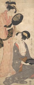 Två damer, var och en med en del av en lackad spegel, 1790-talet. av Kitagawa Utamaro