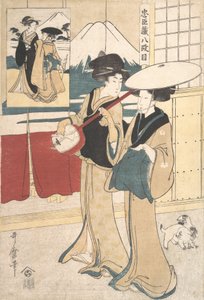Två Tori-oi, eller ambulerande kvinnliga musiker av Eta-klassen, sent 1700-tidigt 1800-tal. av Kitagawa Utamaro