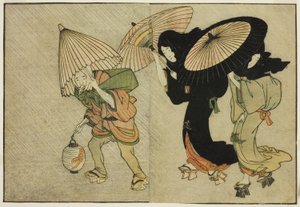 Two Women and Attendant Capught in a Storm, från den illustrerade boken "Picture Book: Flowers of the Four Seasons (Ehon shiki no hana)," vol. 2 av Kitagawa Utamaro