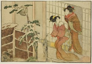 Two Women on Verandah on a Snowy Morning, från den illustrerade boken "Picture Book: Flowers of the Four Seasons (Ehon shiki no hana)," vol. 2 av Kitagawa Utamaro
