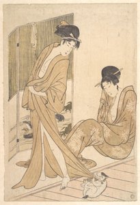 Två unga kvinnor insvepta i yukata efter ett bad av Kitagawa Utamaro