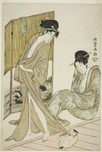 Två unga kvinnor efter ett bad av Kitagawa Utamaro