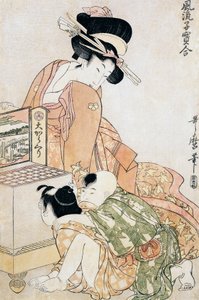 Två barn tittar in i stor optisk låda av Kitagawa Utamaro