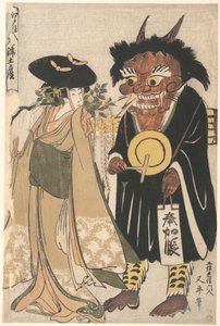 Blåregnsflicka med en Ōtsu-demon klädd som en kringvandrande munk, ur serien Souvenirmålningar från Ōtsu, lagerförda i Edo (Edo Shi-ire Ōtsu Miyage) av Kitagawa Utamaro