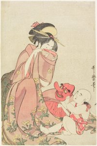 Kvinna som leker med ett barn med en tengumask av Kitagawa Utamaro