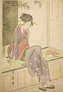 Kvinna som sitter på verandan av Kitagawa Utamaro