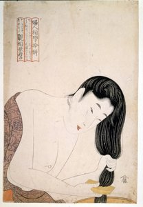 Kvinna som målar sig själv. sd. Konstverk av Utamaro KITAGAWA (1753-1806). av Kitagawa Utamaro
